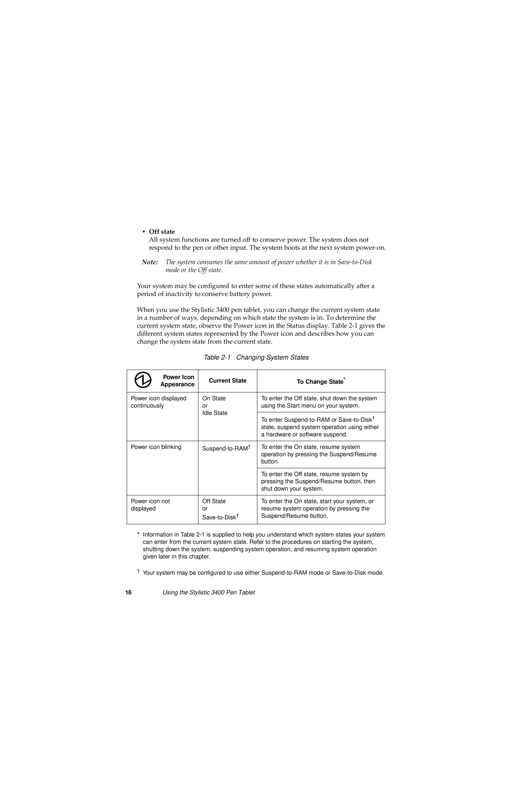 Fujitsu 3400 manual Off state, Changing System States, Power Icon Current State To Change State Appearance 