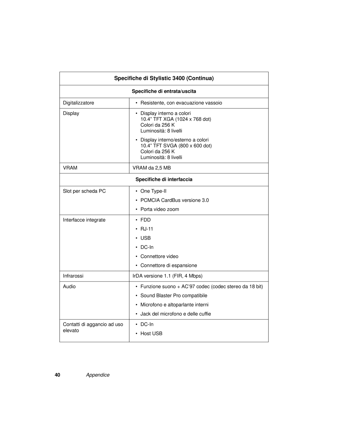 Fujitsu 3400 manual Specifiche di entrata/uscita, Specifiche di interfaccia 