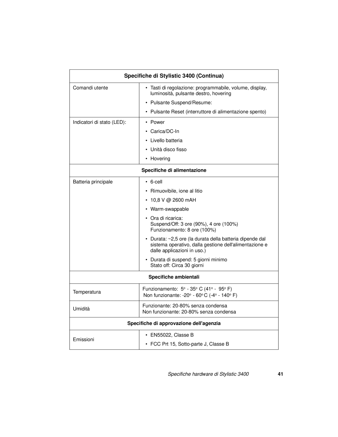 Fujitsu 3400 manual Specifiche di alimentazione, Specifiche ambientali, Specifiche di approvazione dellagenzia 