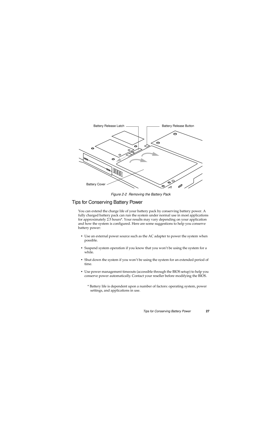 Fujitsu 3400 manual Tips for Conserving Battery Power, Removing the Battery Pack 