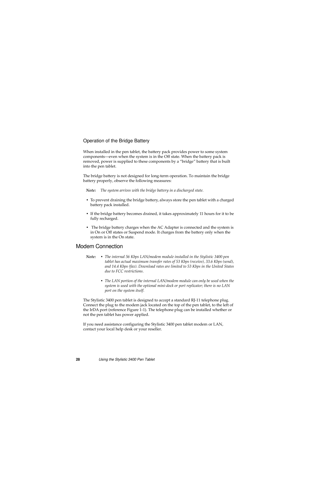 Fujitsu 3400 manual Modem Connection, Operation of the Bridge Battery 