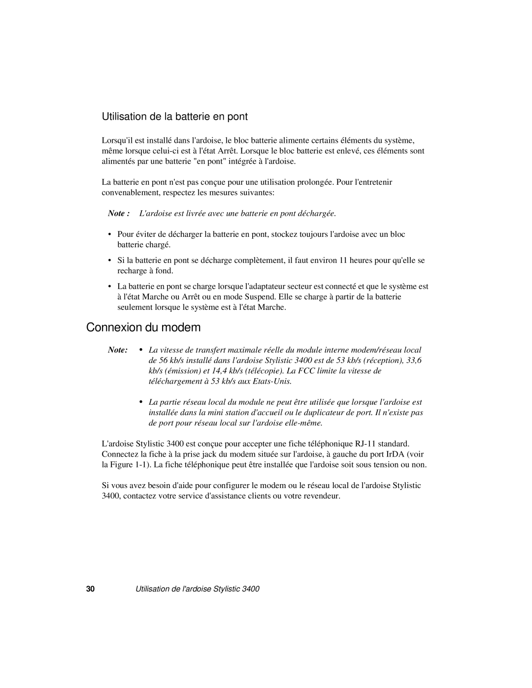 Fujitsu 3400 manual Connexion du modem, Utilisation de la batterie en pont 