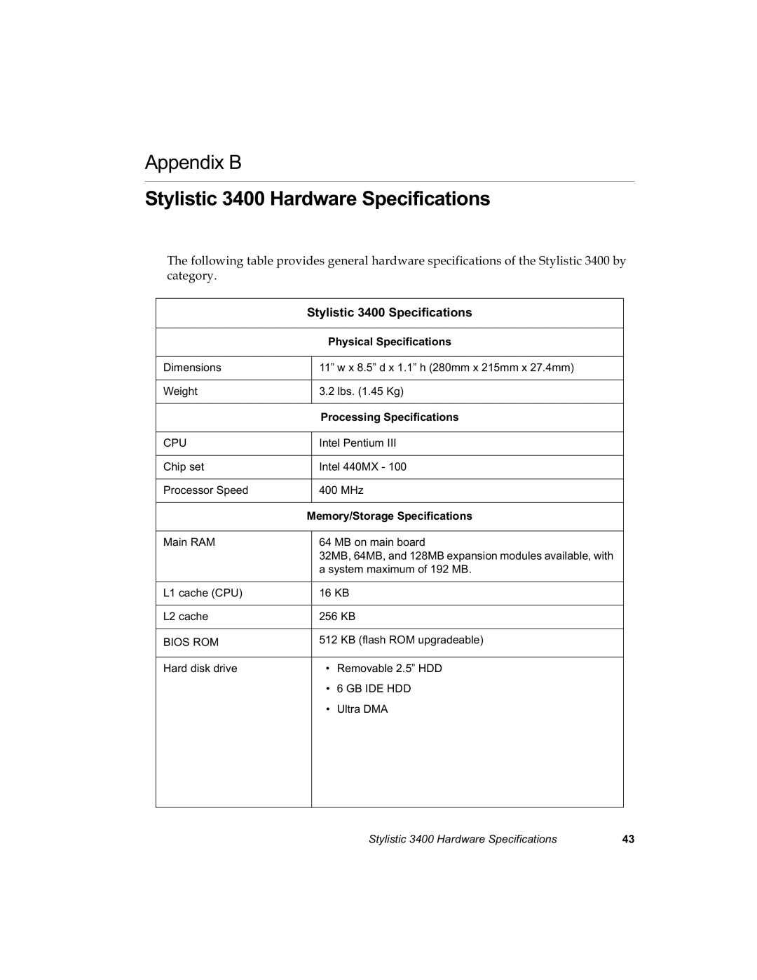 Fujitsu 3400 manual $SSHQGL% 6W\OLVWLF+DUGZDUH6SHFLILFDWLRQV, 6W\OLVWLF6SHFLILFDWLRQV 