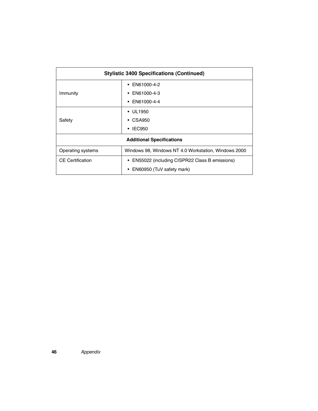 Fujitsu 3400 manual Additional Specifications 