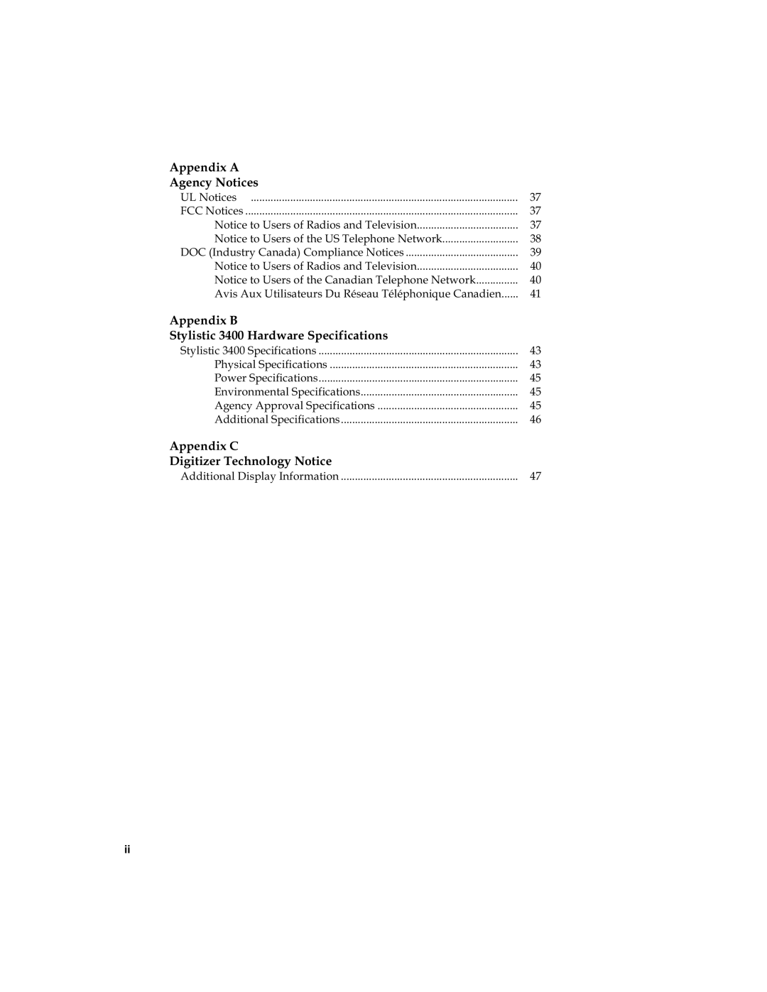 Fujitsu 3400 manual $SSHQGL$ $JHQF\1RWLFHV, $SSHQGL% 6W\OLVWLF+DUGZDUH6SHFLILFDWLRQV, $SSHQGL LJLWLHU7HFKQRORJ\1RWLFH 