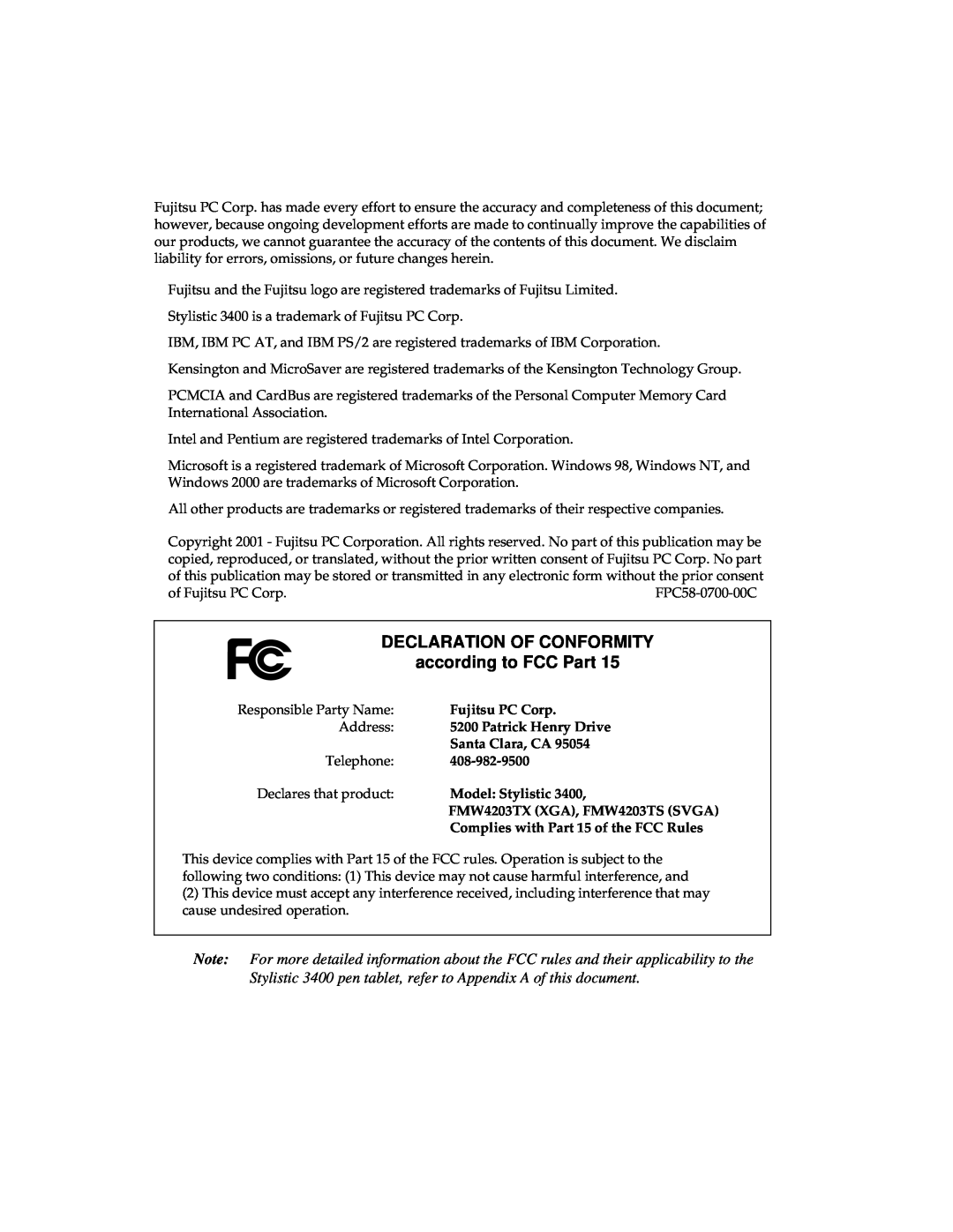 Fujitsu 3400 manual DECLARATION OF CONFORMITY according to FCC Part 