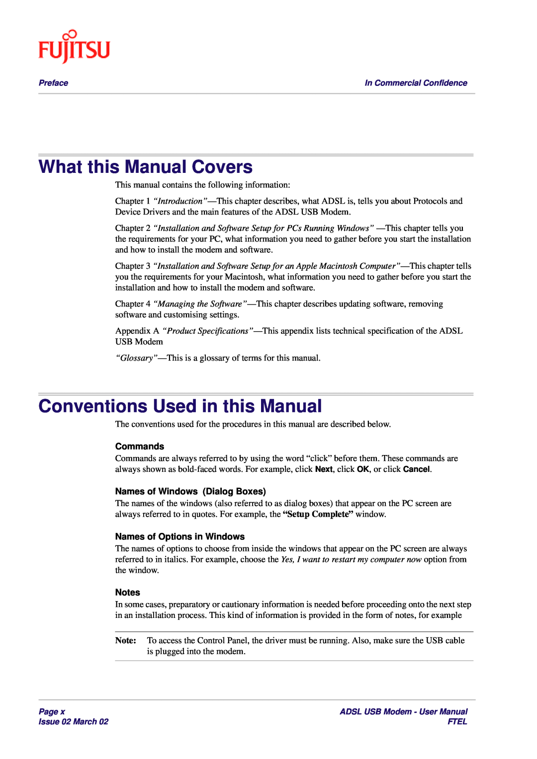 Fujitsu 3XAX-00803AAS What this Manual Covers, Conventions Used in this Manual, Commands, Names of Windows Dialog Boxes 