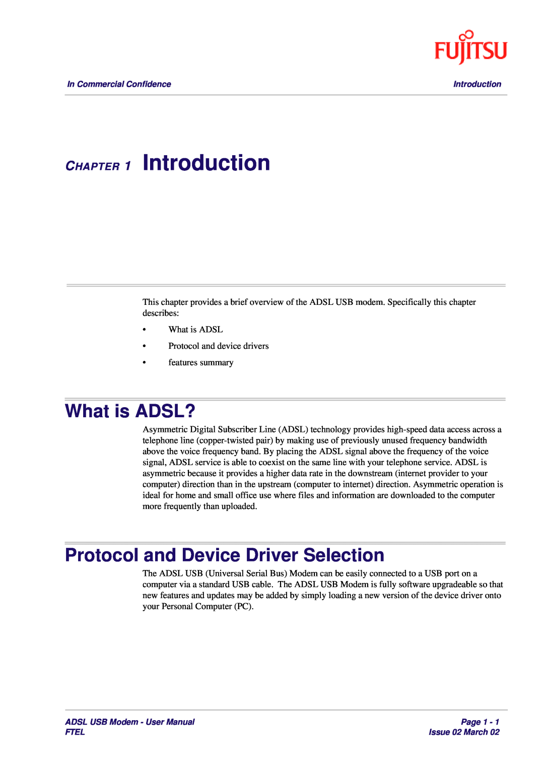 Fujitsu 3XAX-00803AAS user manual Introduction, What is ADSL?, Protocol and Device Driver Selection 
