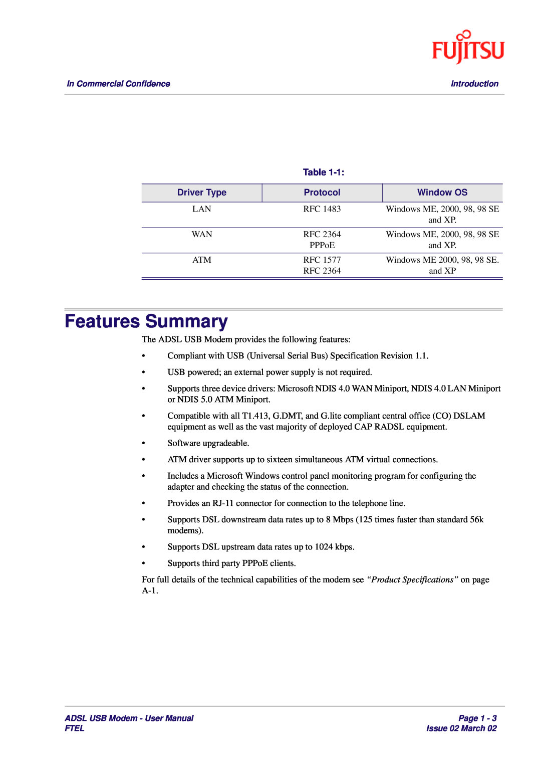 Fujitsu 3XAX-00803AAS user manual Features Summary, Driver Type, Protocol, Window OS 