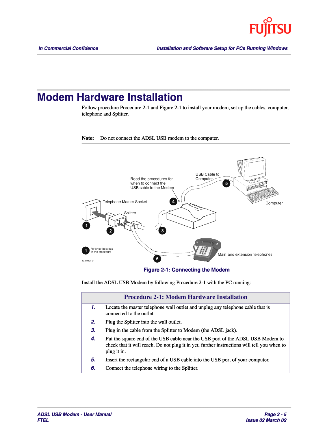 Fujitsu 3XAX-00803AAS user manual Procedure 2-1 Modem Hardware Installation, 1 Connecting the Modem 