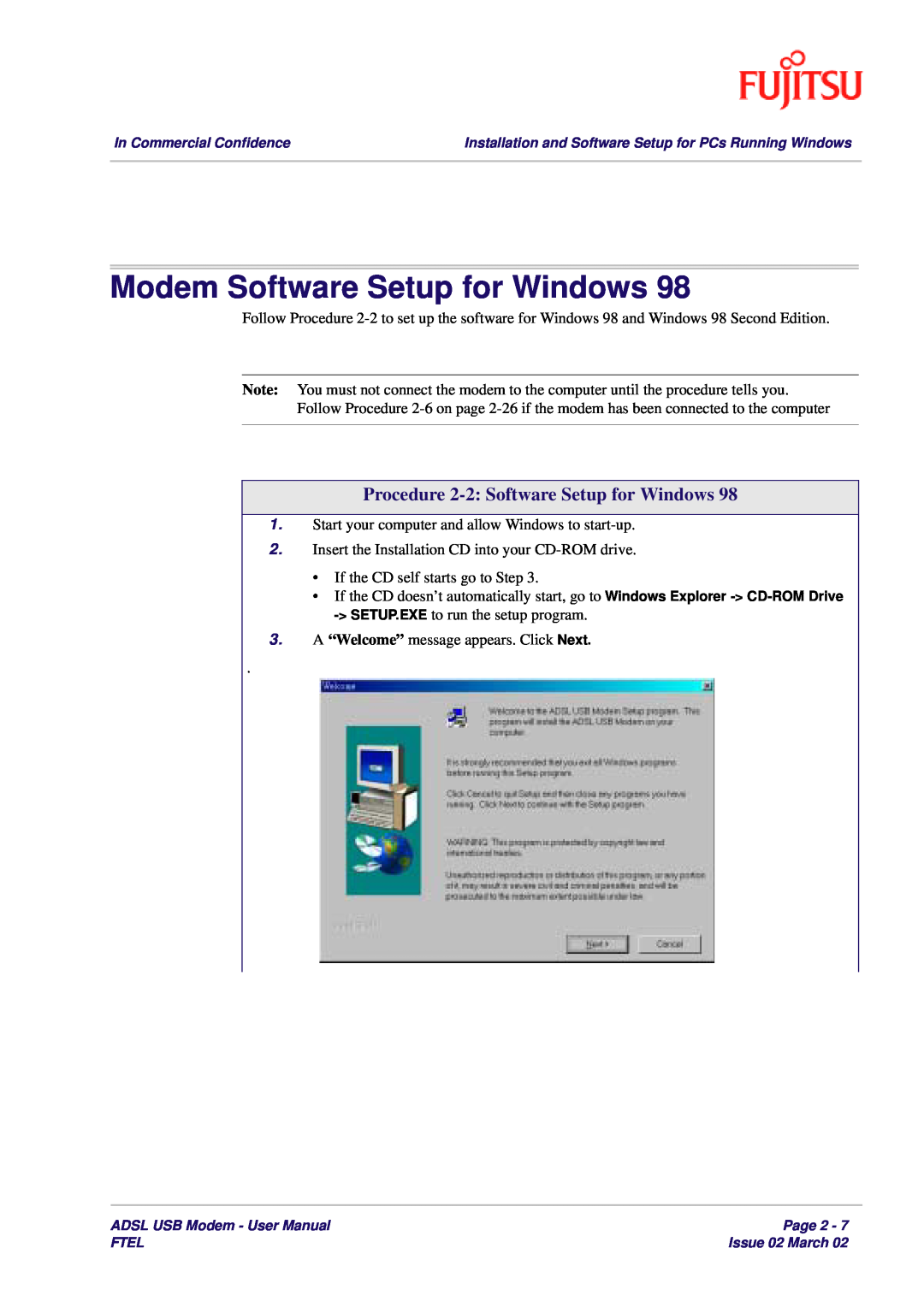 Fujitsu 3XAX-00803AAS user manual Modem Software Setup for Windows, Procedure 2-2 Software Setup for Windows 