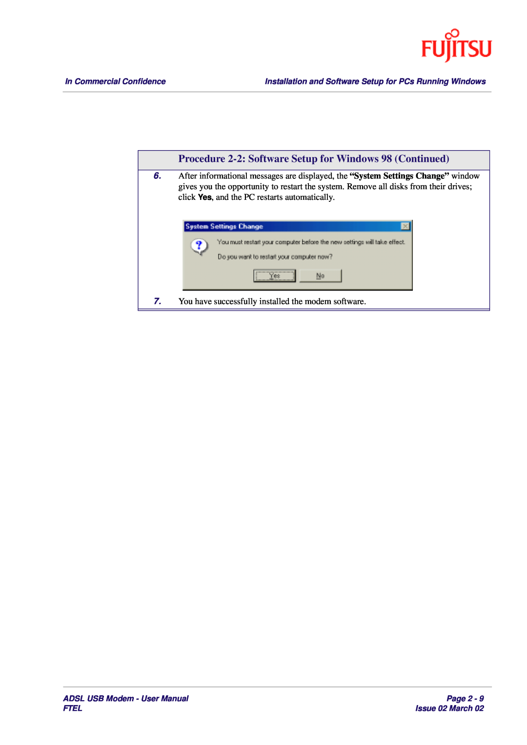 Fujitsu 3XAX-00803AAS user manual Procedure 2-2 Software Setup for Windows 98 Continued 