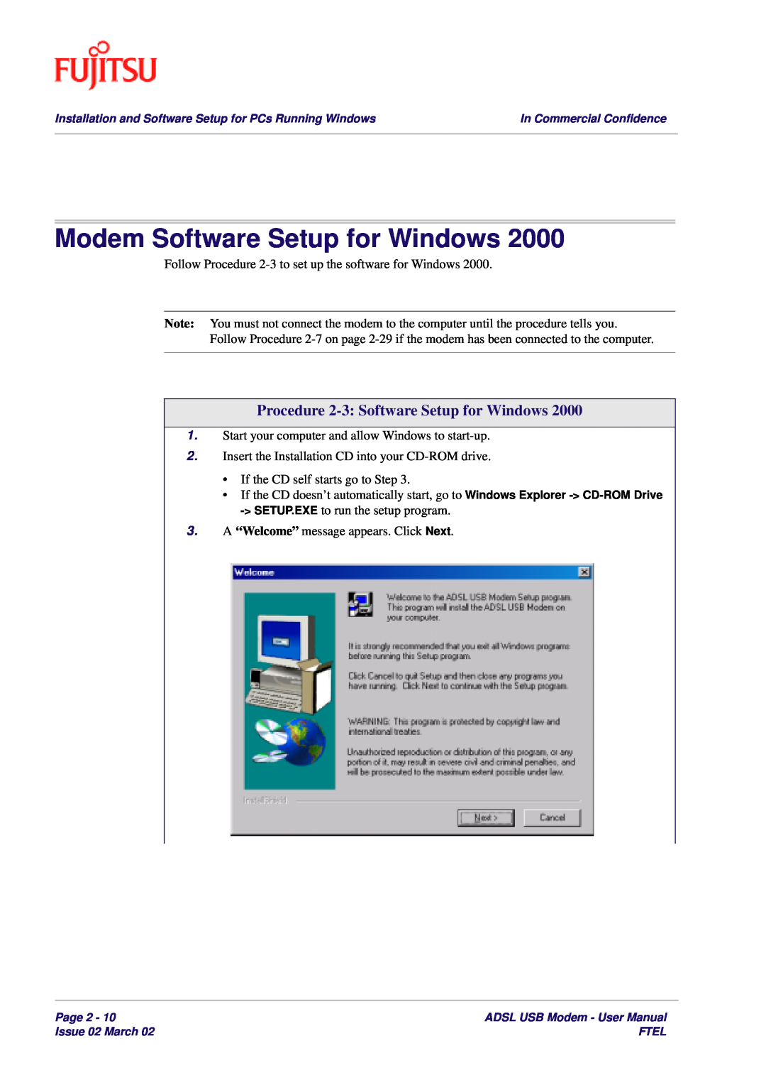 Fujitsu 3XAX-00803AAS user manual Procedure 2-3 Software Setup for Windows, Modem Software Setup for Windows 