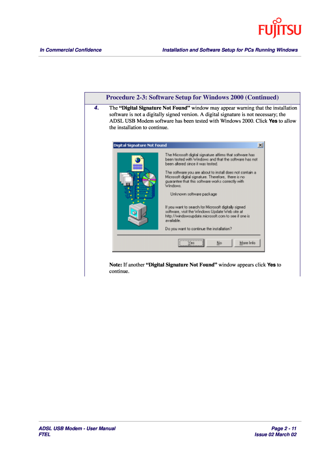 Fujitsu 3XAX-00803AAS user manual Procedure 2-3 Software Setup for Windows 2000 Continued 