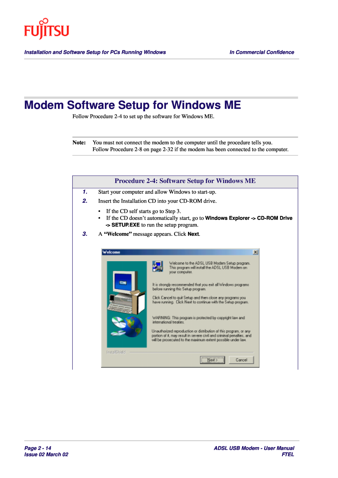 Fujitsu 3XAX-00803AAS user manual Modem Software Setup for Windows ME, Procedure 2-4 Software Setup for Windows ME 