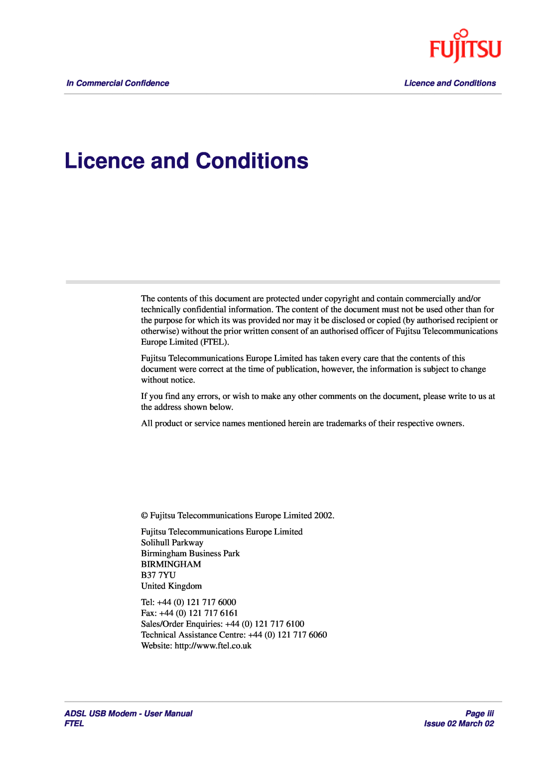 Fujitsu 3XAX-00803AAS user manual Licence and Conditions 