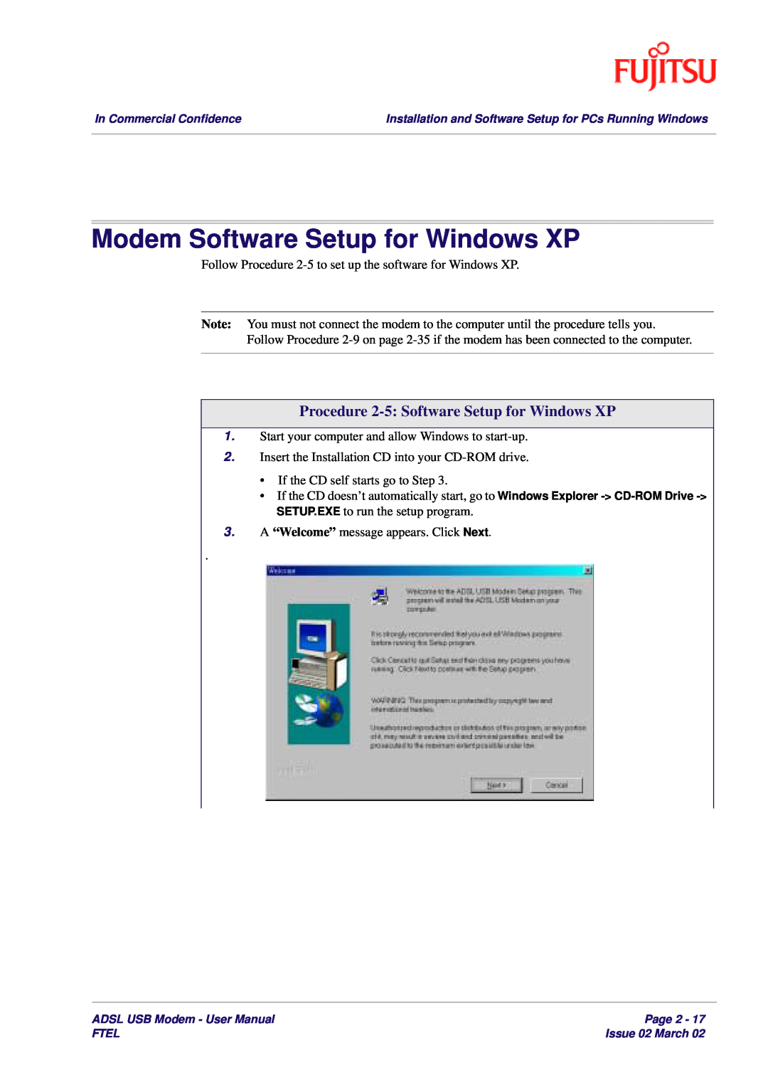 Fujitsu 3XAX-00803AAS user manual Modem Software Setup for Windows XP, Procedure 2-5 Software Setup for Windows XP 