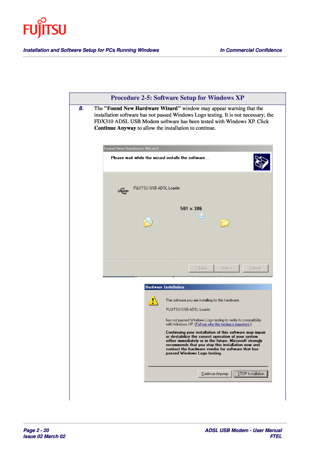 Fujitsu 3XAX-00803AAS user manual Procedure 2-5 Software Setup for Windows XP 