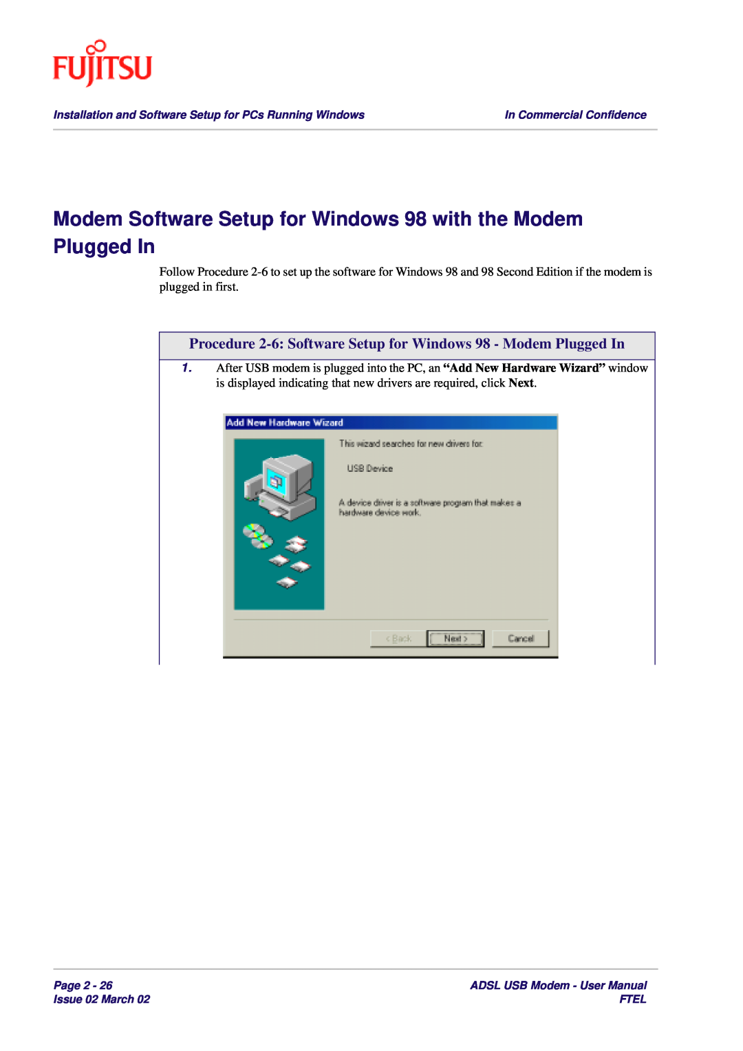 Fujitsu 3XAX-00803AAS user manual Modem Software Setup for Windows 98 with the Modem Plugged In 
