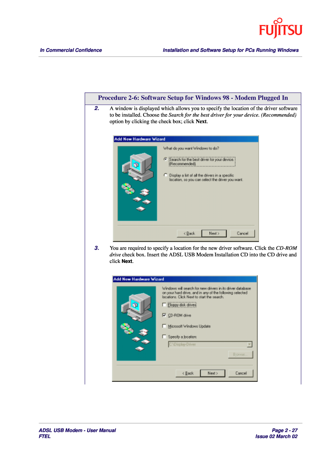 Fujitsu 3XAX-00803AAS user manual Procedure 2-6 Software Setup for Windows 98 - Modem Plugged In 