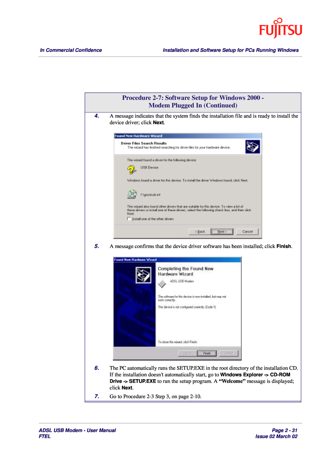 Fujitsu 3XAX-00803AAS user manual Procedure 2-7 Software Setup for Windows Modem Plugged In Continued 