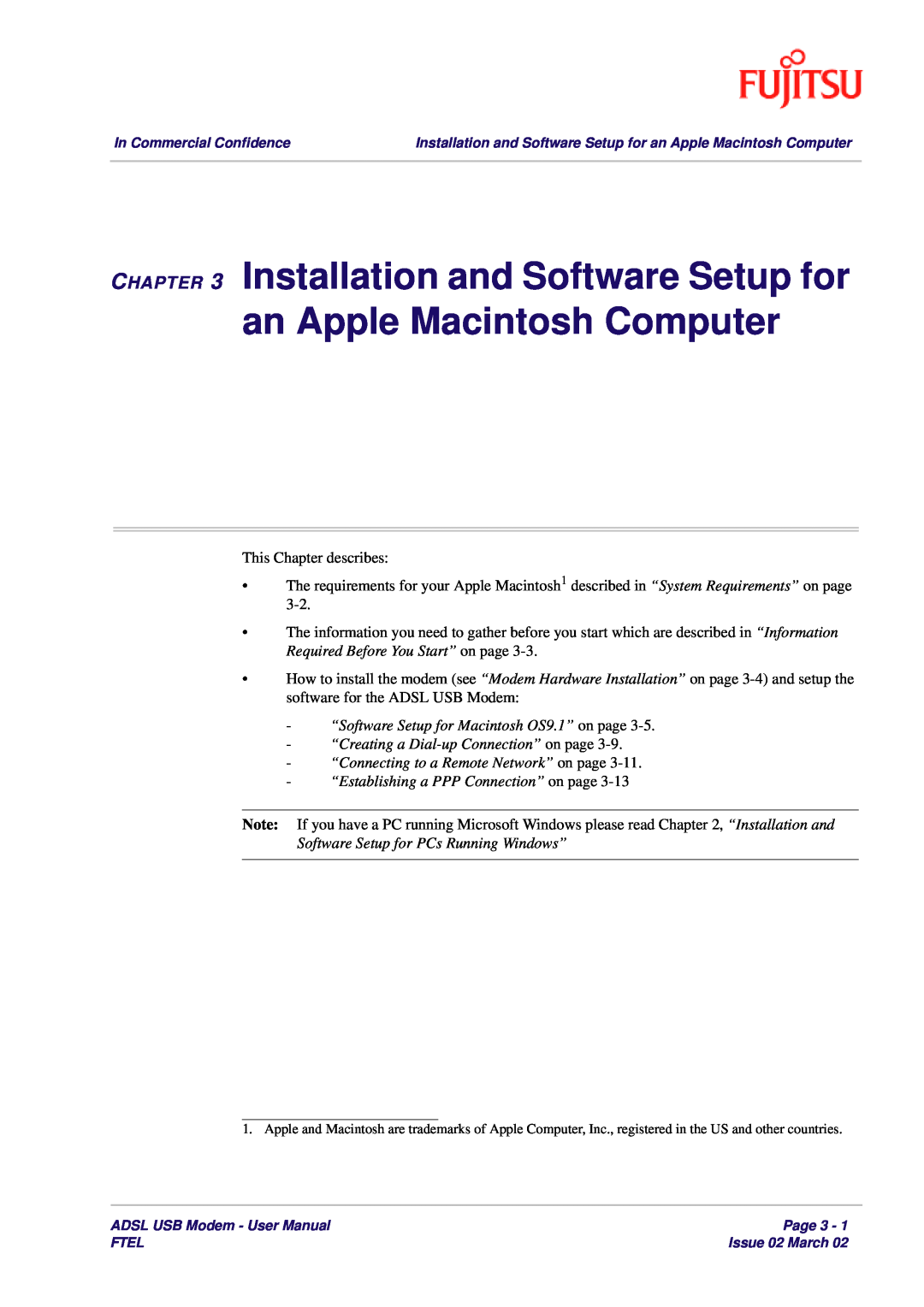 Fujitsu 3XAX-00803AAS user manual “Software Setup for Macintosh OS9.1” on page, “Creating a Dial-up Connection” on page 