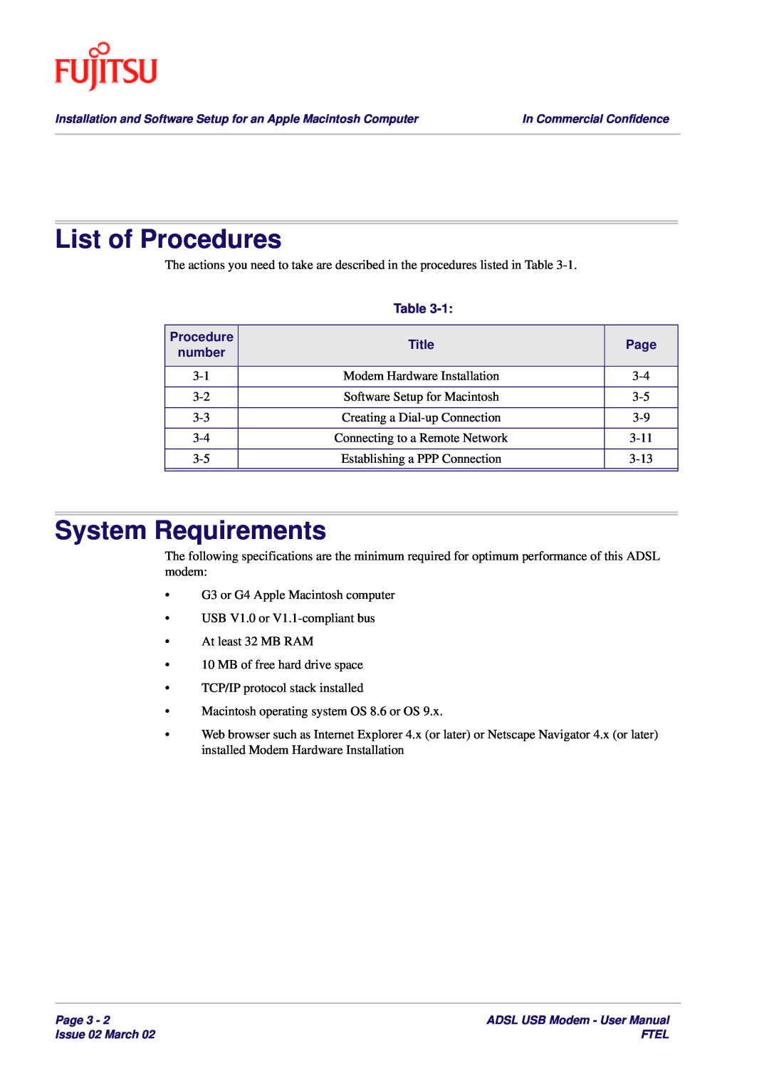 Fujitsu 3XAX-00803AAS user manual List of Procedures, System Requirements, Title, Page, number 