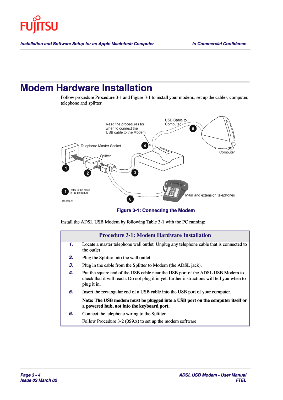 Fujitsu 3XAX-00803AAS user manual Procedure 3-1 Modem Hardware Installation, 1 Connecting the Modem 