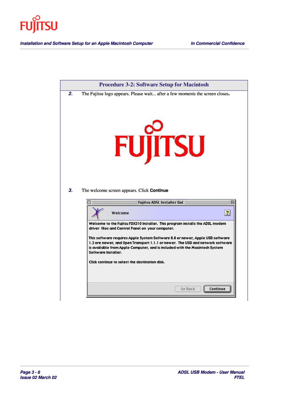 Fujitsu 3XAX-00803AAS Procedure 3-2 Software Setup for Macintosh, In Commercial Confidence, Page 3, Issue 02 March, Ftel 