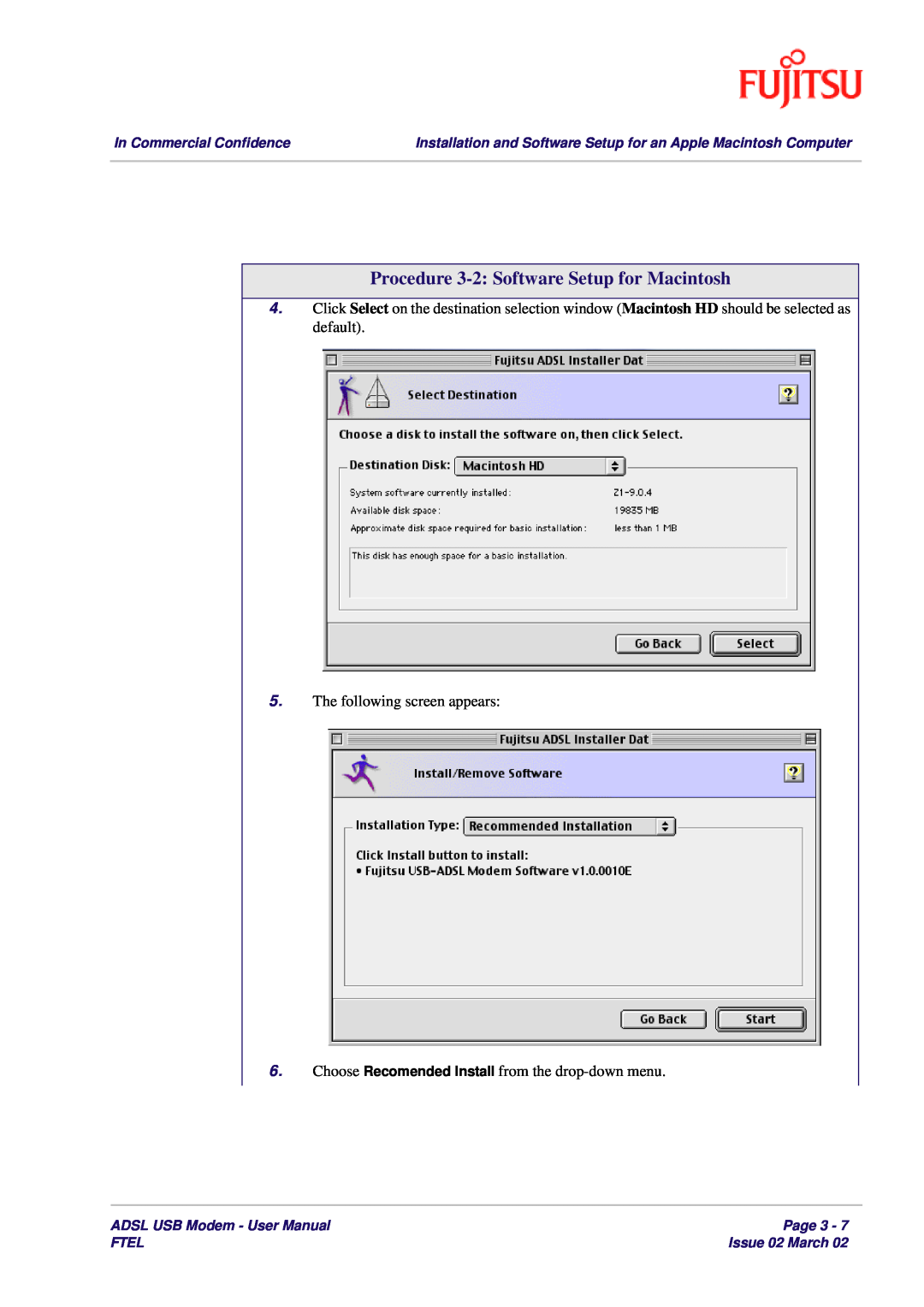 Fujitsu 3XAX-00803AAS Procedure 3-2 Software Setup for Macintosh, In Commercial Confidence, ADSL USB Modem - User Manual 