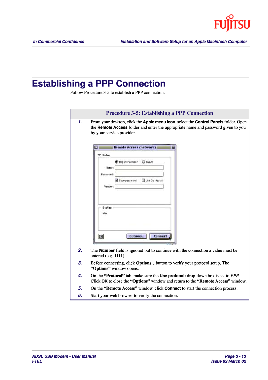 Fujitsu 3XAX-00803AAS user manual Procedure 3-5 Establishing a PPP Connection 