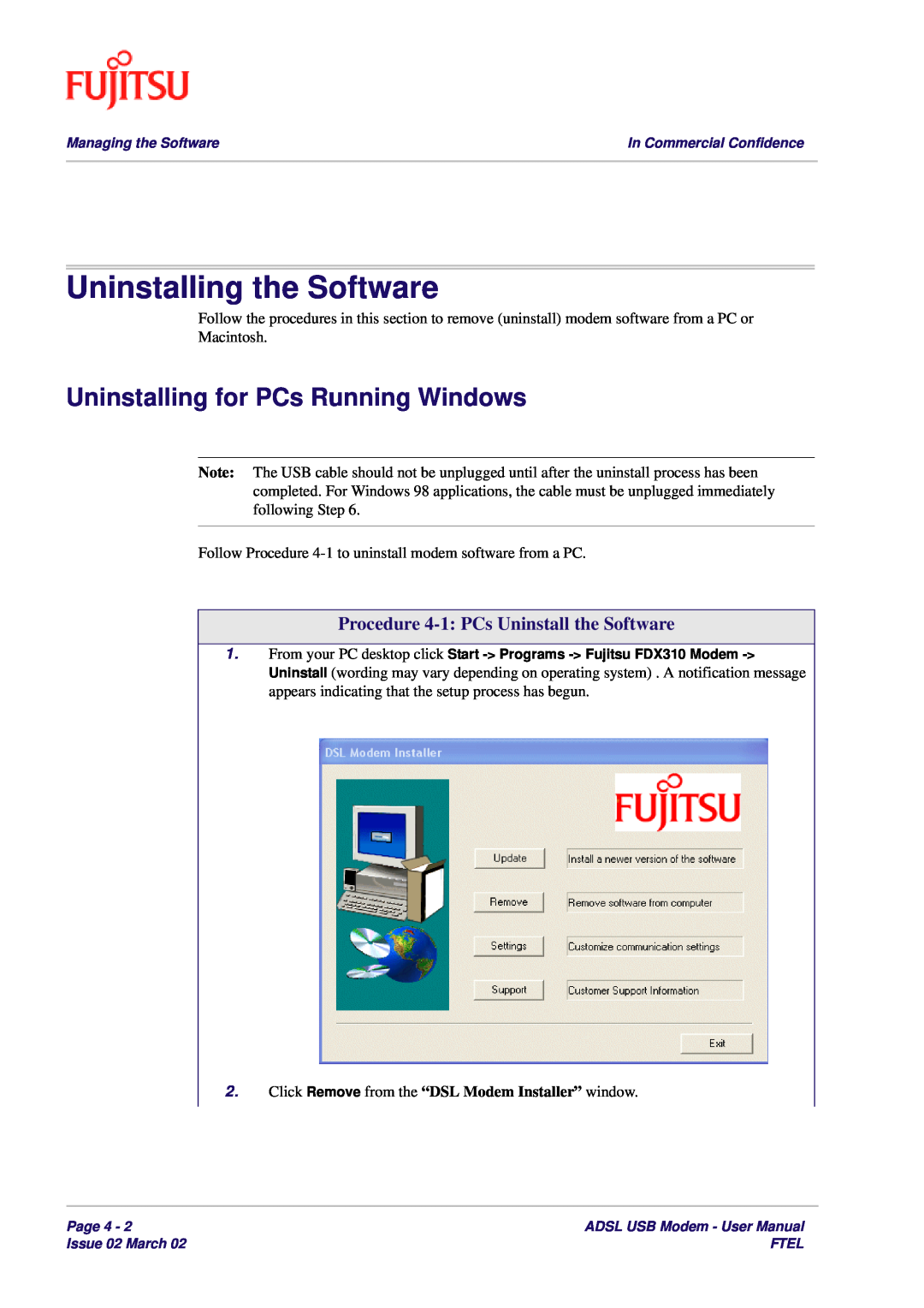 Fujitsu 3XAX-00803AAS user manual Uninstalling the Software, Uninstalling for PCs Running Windows 