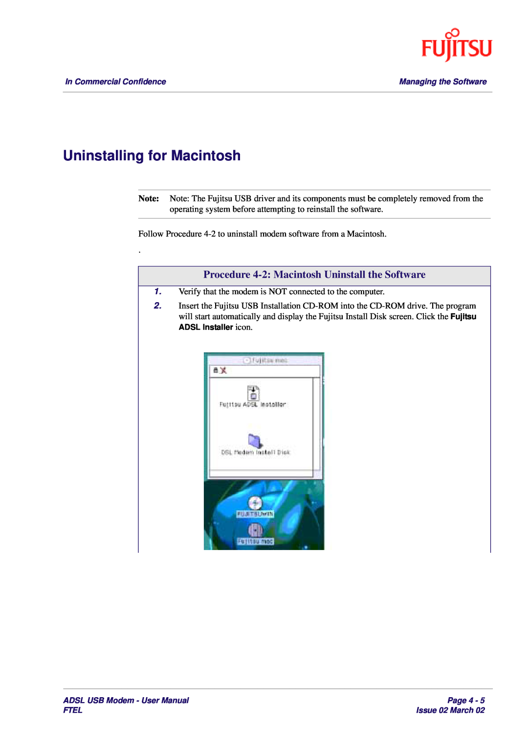 Fujitsu 3XAX-00803AAS user manual Uninstalling for Macintosh, Procedure 4-2 Macintosh Uninstall the Software 