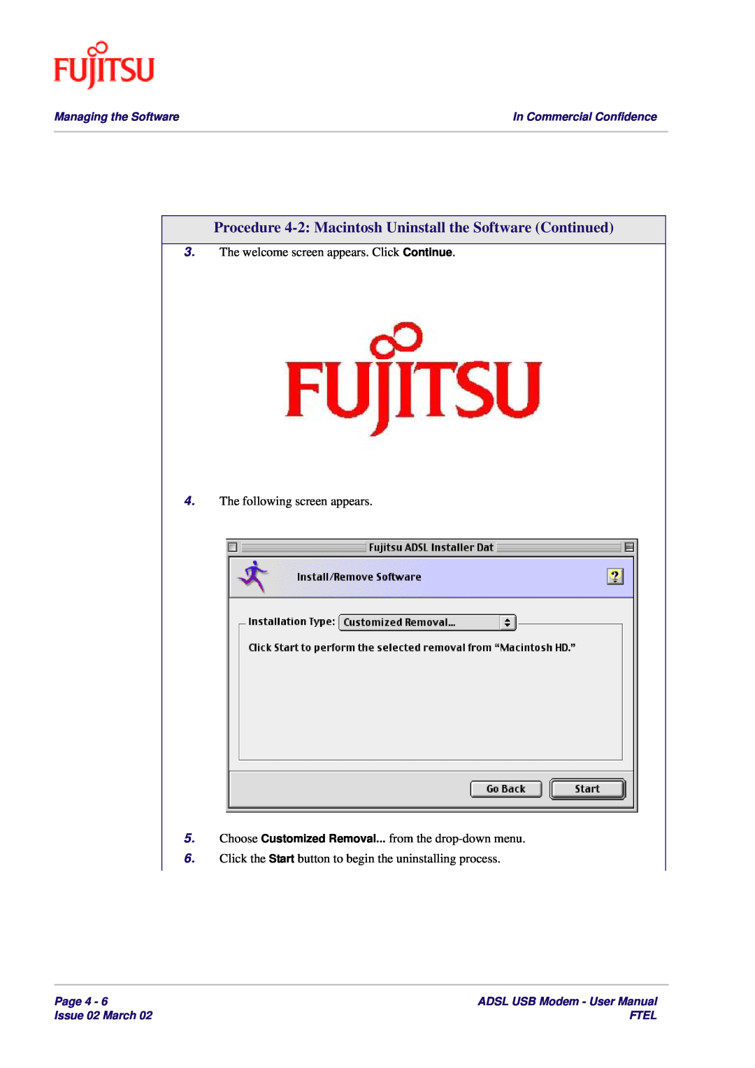 Fujitsu 3XAX-00803AAS Procedure 4-2 Macintosh Uninstall the Software Continued, Managing the Software, Page 4, Ftel 