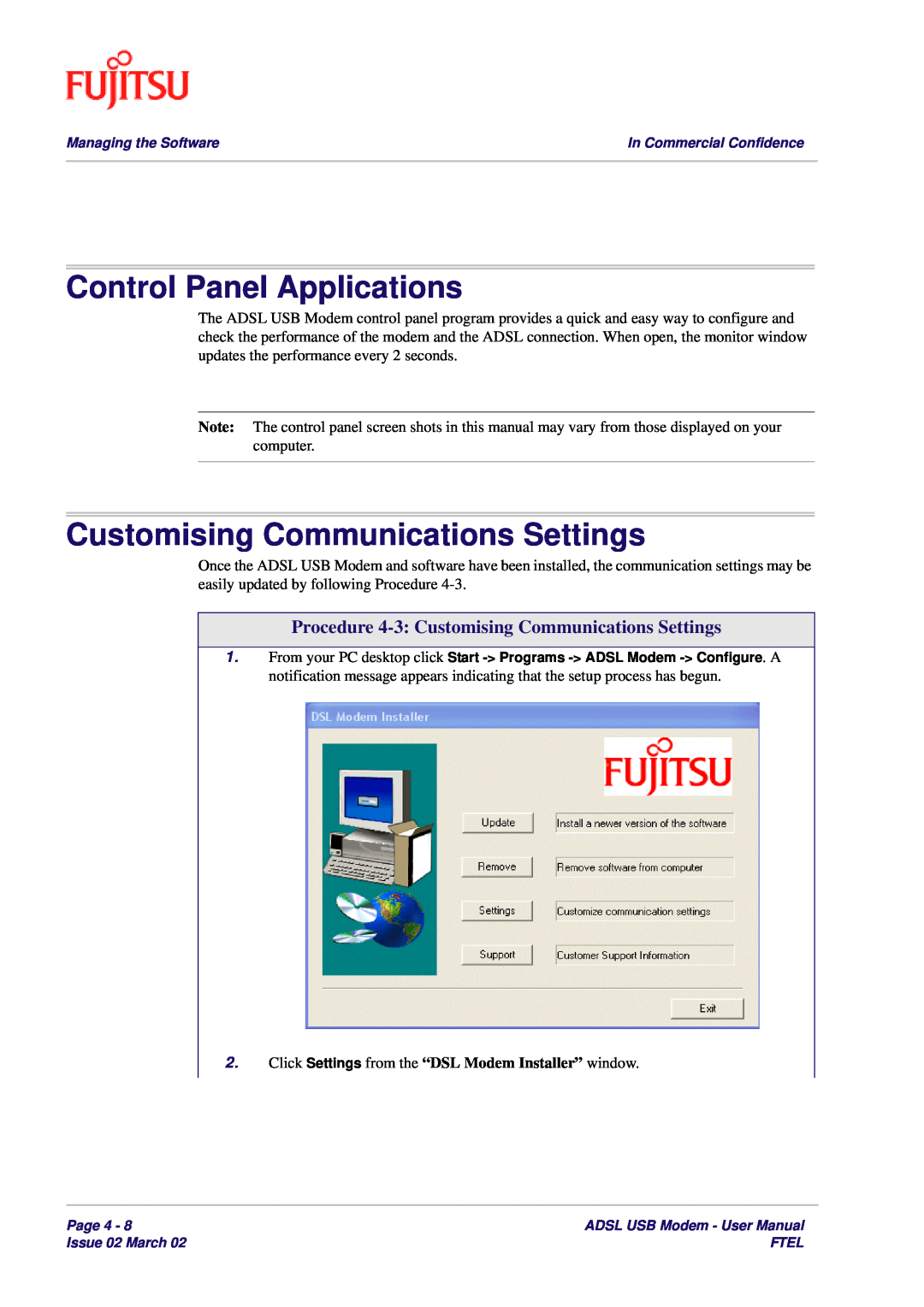 Fujitsu 3XAX-00803AAS user manual Control Panel Applications, Customising Communications Settings 