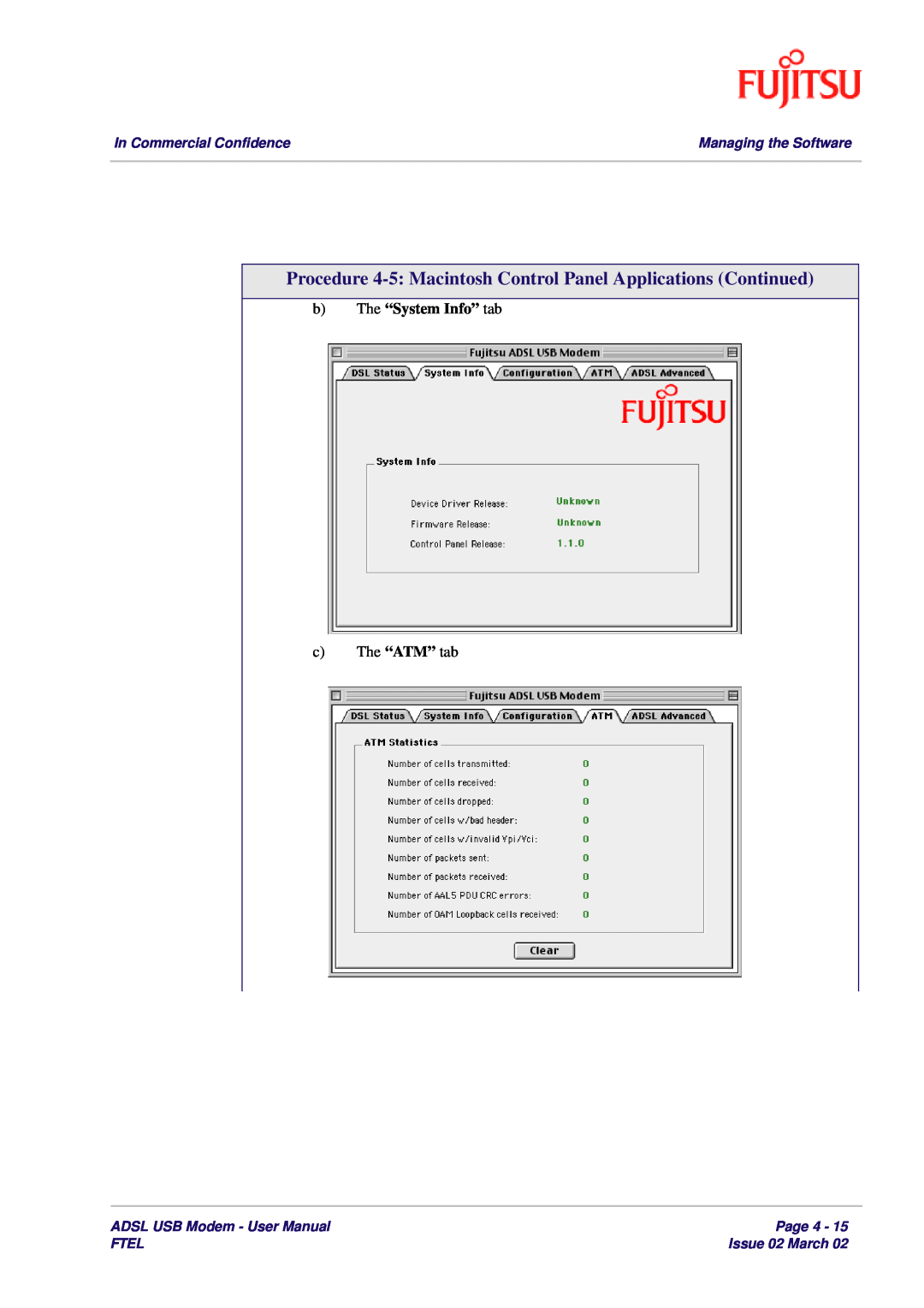 Fujitsu 3XAX-00803AAS Procedure 4-5 Macintosh Control Panel Applications Continued, b The “System Info” tab, Page 4, Ftel 