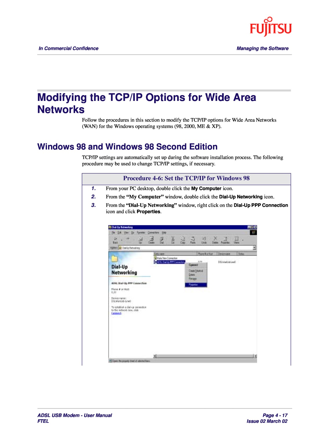 Fujitsu 3XAX-00803AAS Modifying the TCP/IP Options for Wide Area Networks, Windows 98 and Windows 98 Second Edition 