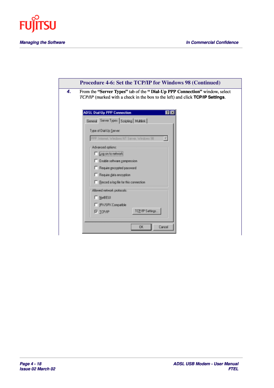 Fujitsu 3XAX-00803AAS Procedure 4-6 Set the TCP/IP for Windows 98 Continued, Managing the Software, Page 4, Issue 02 March 