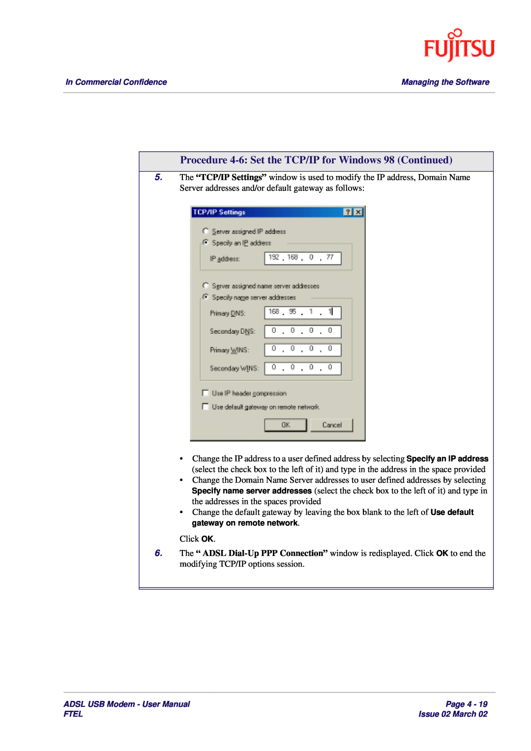 Fujitsu 3XAX-00803AAS user manual Procedure 4-6 Set the TCP/IP for Windows 98 Continued, Click OK 
