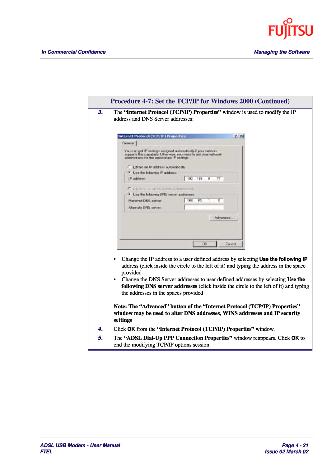 Fujitsu 3XAX-00803AAS user manual Procedure 4-7 Set the TCP/IP for Windows 2000 Continued 