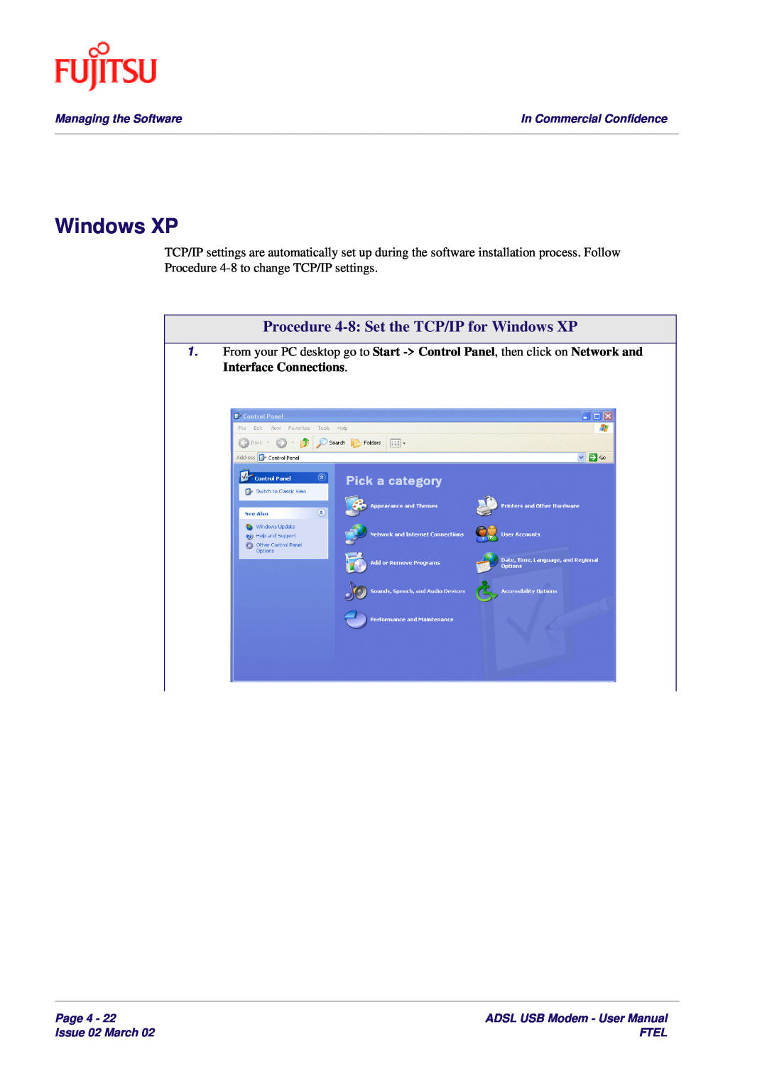 Fujitsu 3XAX-00803AAS user manual Procedure 4-8 Set the TCP/IP for Windows XP 