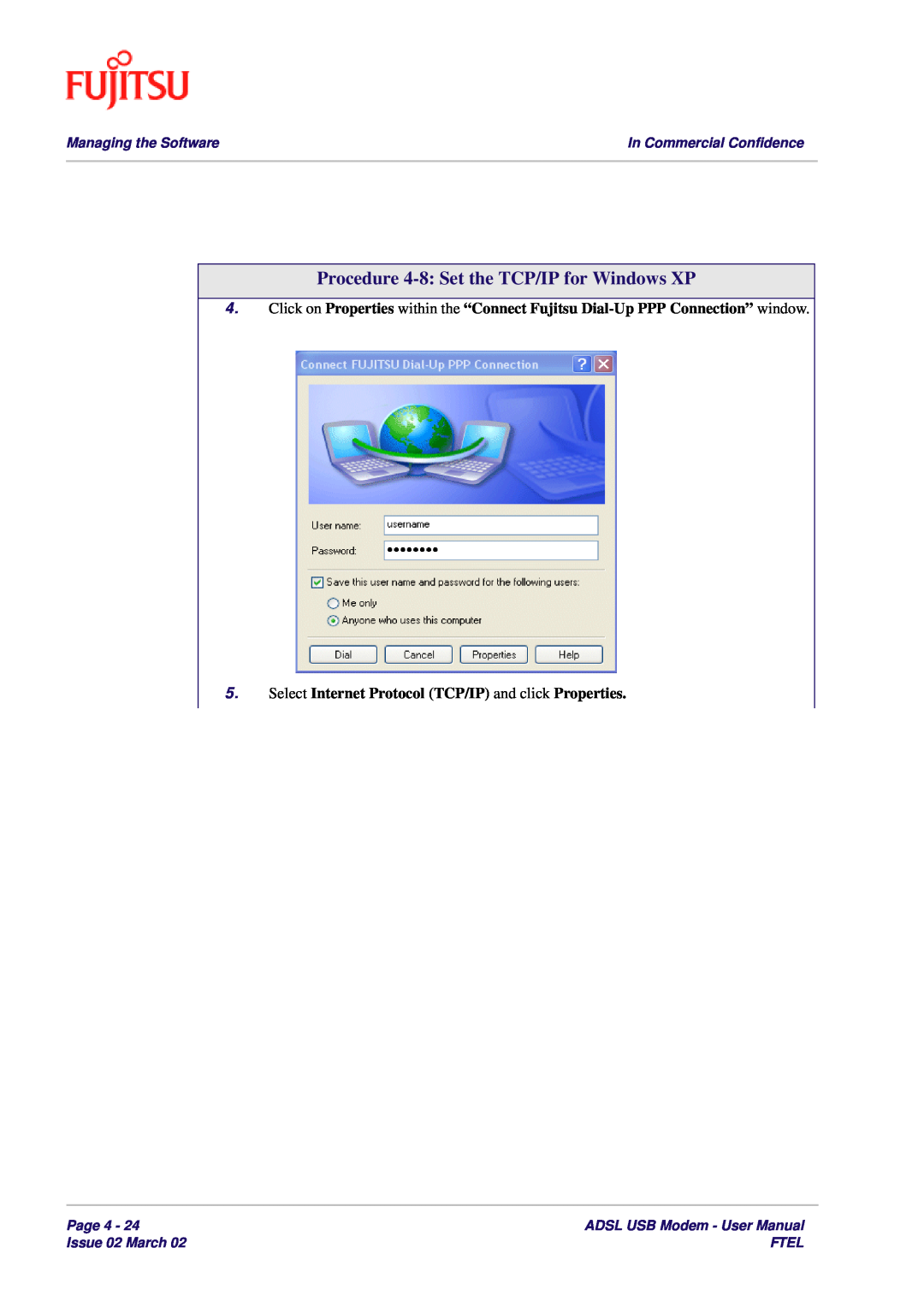 Fujitsu 3XAX-00803AAS Procedure 4-8 Set the TCP/IP for Windows XP, Select Internet Protocol TCP/IP and click Properties 