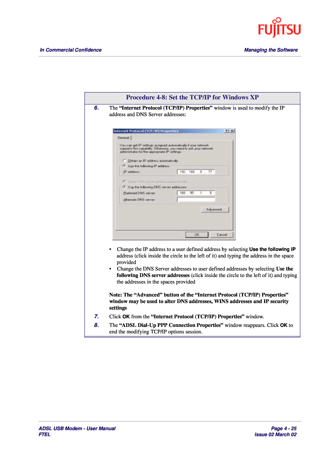 Fujitsu 3XAX-00803AAS user manual Procedure 4-8 Set the TCP/IP for Windows XP 