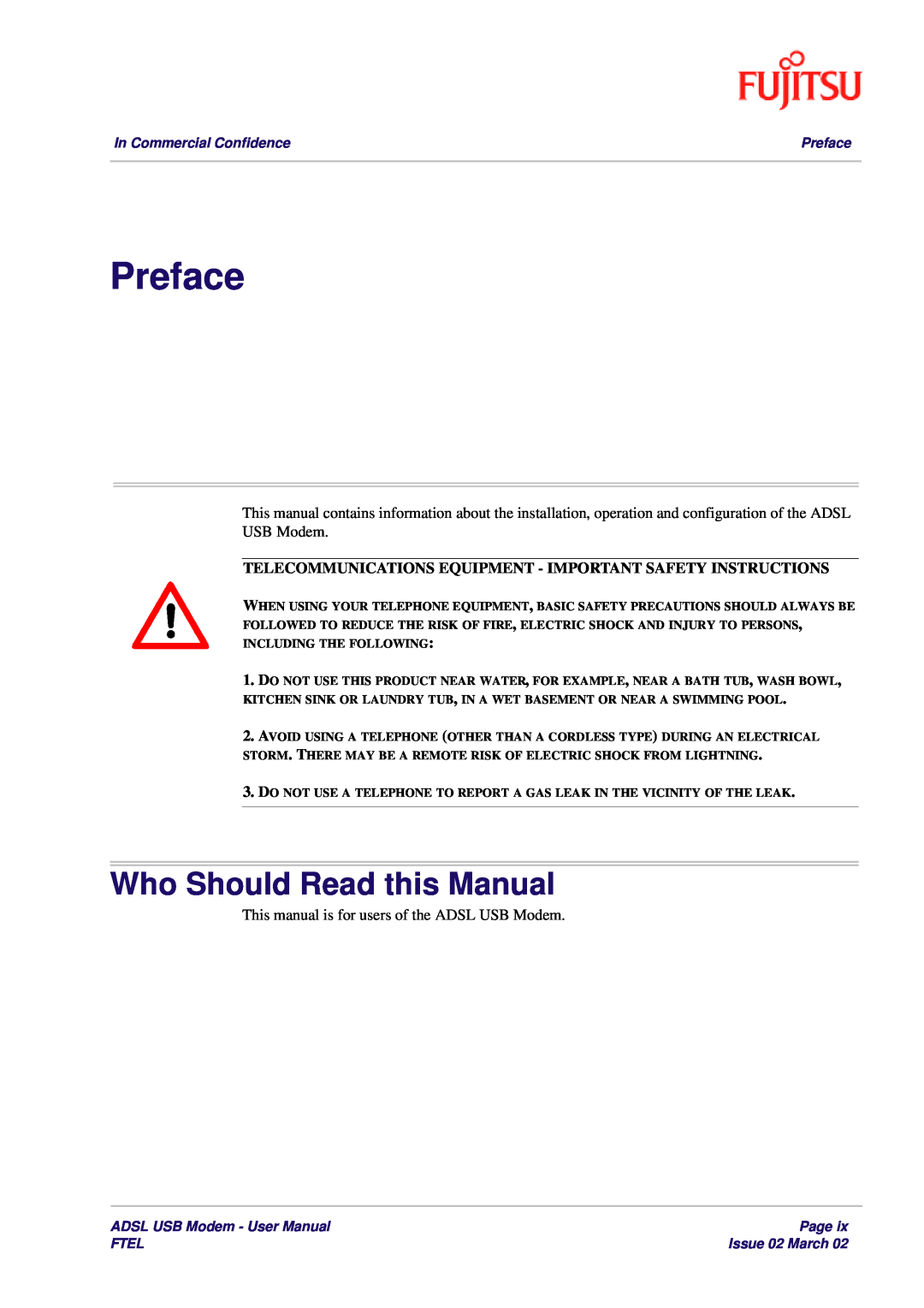 Fujitsu 3XAX-00803AAS Preface, Who Should Read this Manual, Telecommunications Equipment - Important Safety Instructions 