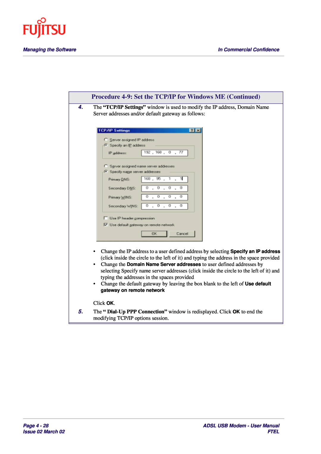 Fujitsu 3XAX-00803AAS user manual Procedure 4-9 Set the TCP/IP for Windows ME Continued 