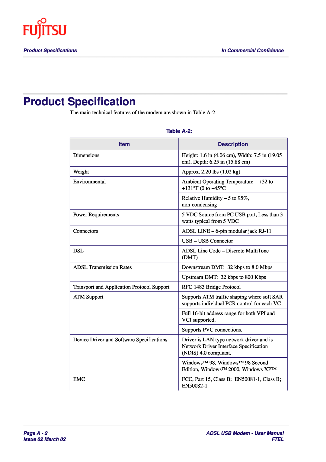 Fujitsu 3XAX-00803AAS user manual Product Specification, Table A-2, Description 