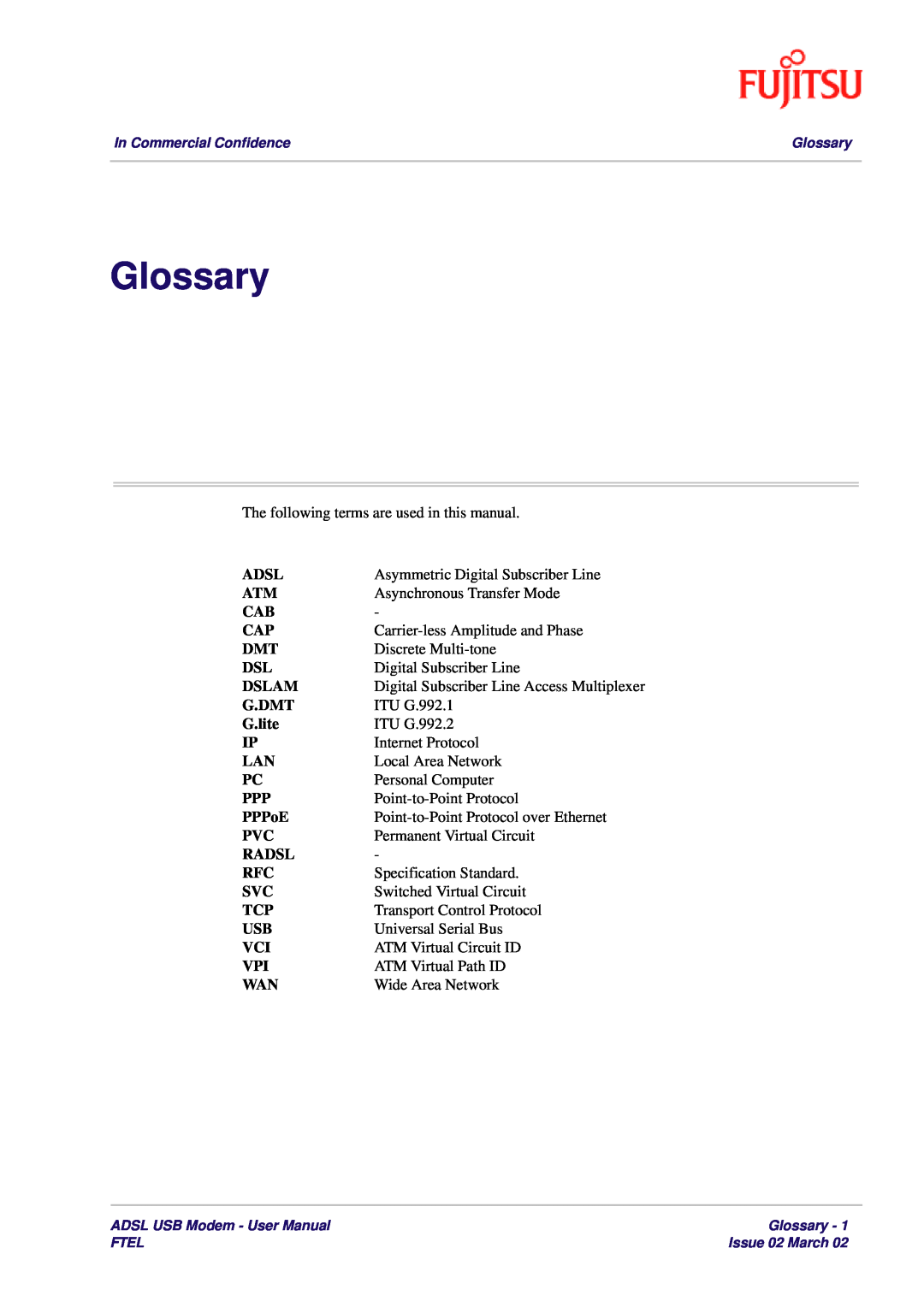 Fujitsu 3XAX-00803AAS user manual Glossary, Adsl, Dslam, G.Dmt, G.lite, PPPoE, Radsl 