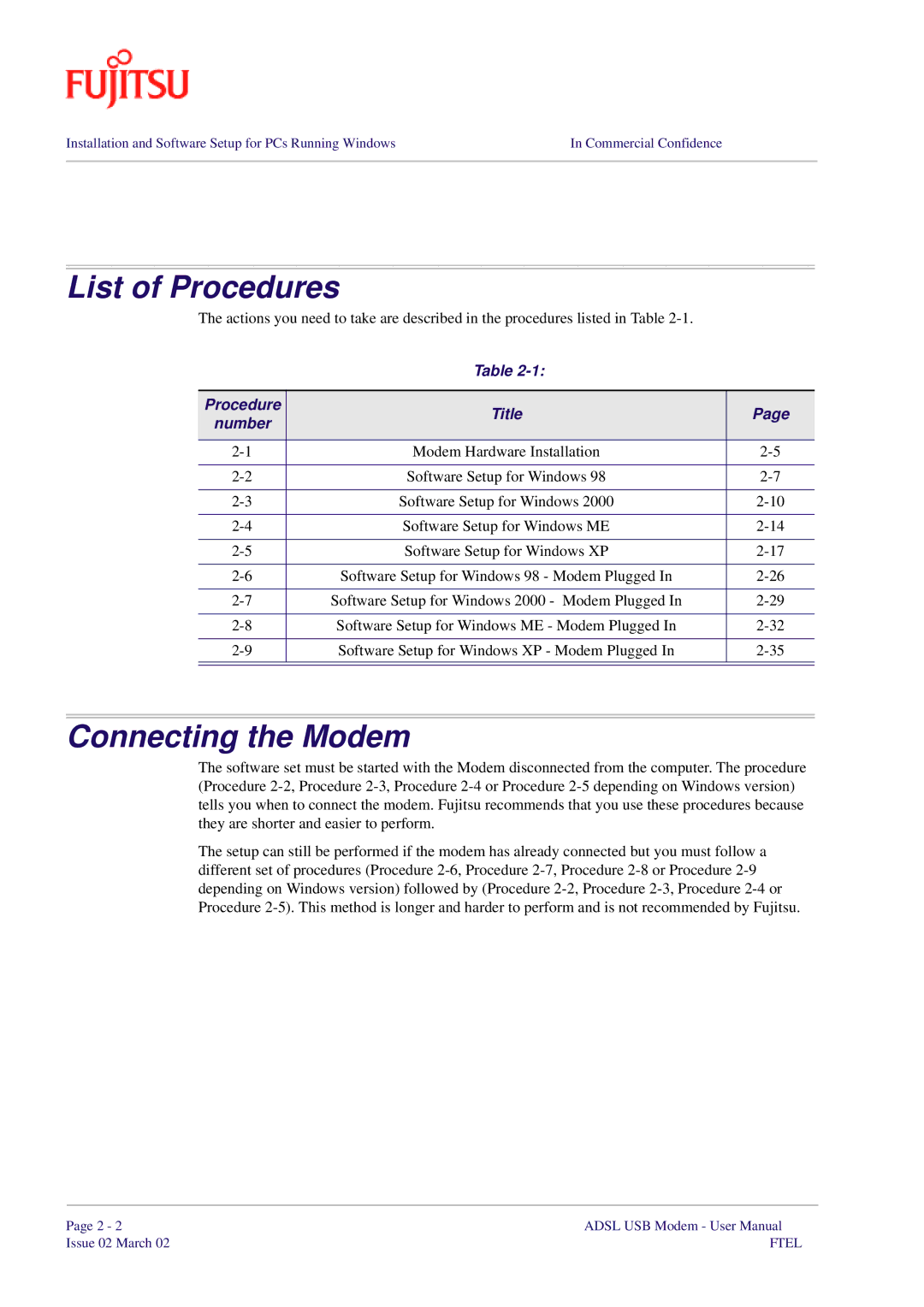 Fujitsu 3XAX-00803AAS user manual Connecting the Modem, Procedure Title Number 