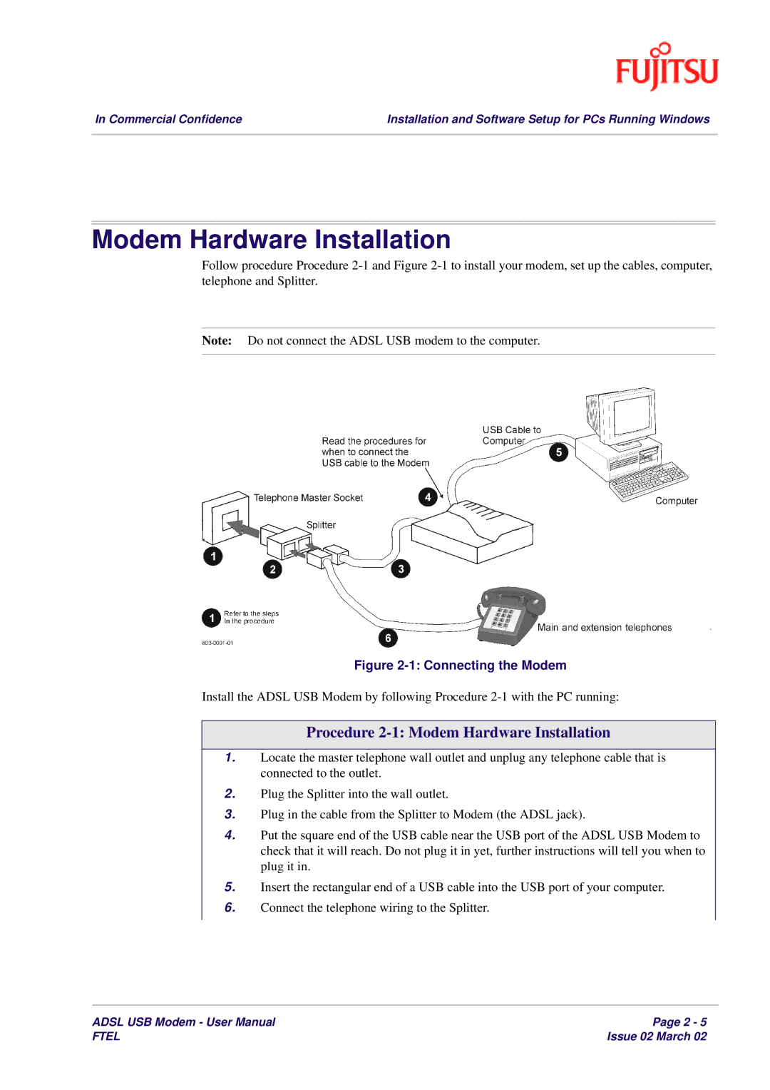 Fujitsu 3XAX-00803AAS user manual Procedure 2-1 Modem Hardware Installation 