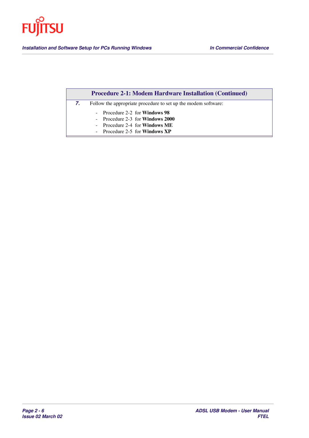 Fujitsu 3XAX-00803AAS user manual Procedure 2-1 Modem Hardware Installation 